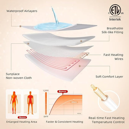 Bwarm Waterproof Heated Mattress Pad, ETL Certified Bed Warmer with Memory Function 9 Heat Settings, 1-12 Hours Auto Off Deep Pocket, Machine Washable, White CA King