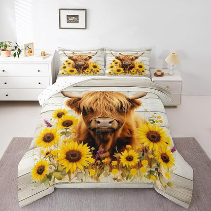 Feelyou Highland Cow Comforter Set Full Size Highland Cattle Comforter for Boys Girls Teens Animal Bedding Set Wildlife Duvet Set Room Decor Yellow Beige Quilt Set