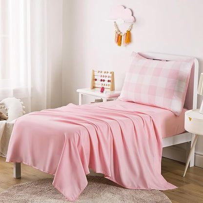 Wake In Cloud - Gingham Toddler Bedding Set for Girls Boys, Cute Plaid Buffalo Check, 4 Pieces Soft Crib Bed Set Including Comforter, Sheets and Pillowcase, Pink