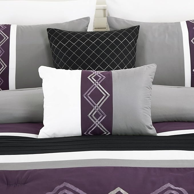 Chezmoi Collection Arden 7-Piece Modern Pleated Stripe Embroidered Zigzag Bedding Comforter Set (Full, Purple/Black/Gray/White)