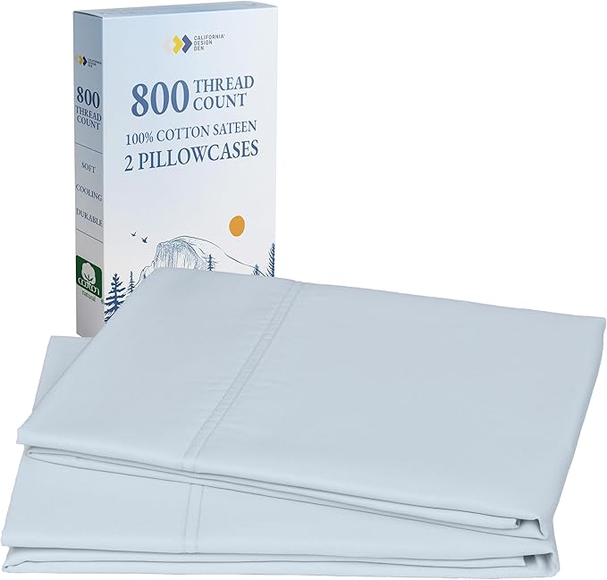 California Design Den King Pillow Cases Set of 2 - Luxuriously Soft and Thick 800 Thread Count, Smooth Sateen, Natural 100% Cotton Pillowcases King, Durable - Blue (Grey Tone)