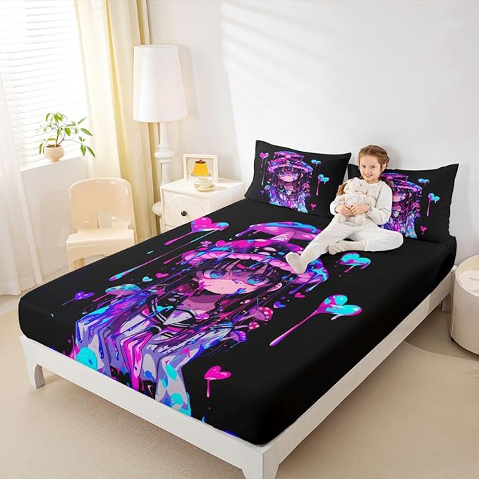 Erosebridal Mushroom Girl Fitted Sheet Full 3D Japanese Girly Bed Sheets for Boys Girls Watercolor Graffiti Bed Set Cute Anime Gifts Sheets with 2 Pillowcases
