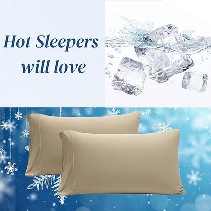 Beckham Hotel Collection Cooling Pillowcases for Hot Sleepers, Standard/Queen Size Set of 2, Cool Bedding, Envelope Closure, Silky Soft, Breathable, Moisture-Wicking, Sand