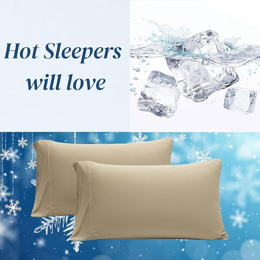 Beckham Hotel Collection Cooling Pillowcases for Hot Sleepers, Standard/Queen Size Set of 2, Cool Bedding, Envelope Closure, Silky Soft, Breathable, Moisture-Wicking, Sand