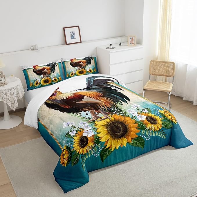 Erosebridal Chicken Comforter Set King Size Sunflower Bedding Grey Honeycomb Blue Yellow Rooster Down Farmhouse Wild Animal Leaves Room Decor Comforters & Sets for Adult Kids Boys, Multi 121