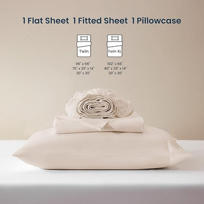 SLEEP ZONE Nanotex Super Soft Cooling Twin Bed Sheets Set for Kids 3 Piece - Easy Care Fitted Flat Sheet & Pillowcase Sets - Wrinkle Free, Fade Resistant, Deep Pocket 16" (Beige, Twin)