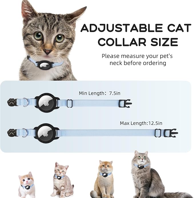 AirTag Cat Collars, Stretchy Collar with Air Tag Holder and Bell | Breakaway - Ultra Design Elastic - GPS Tracking Collars - Adjustable Size for Cats & Puppies 7.5-12.5" - (Blue)