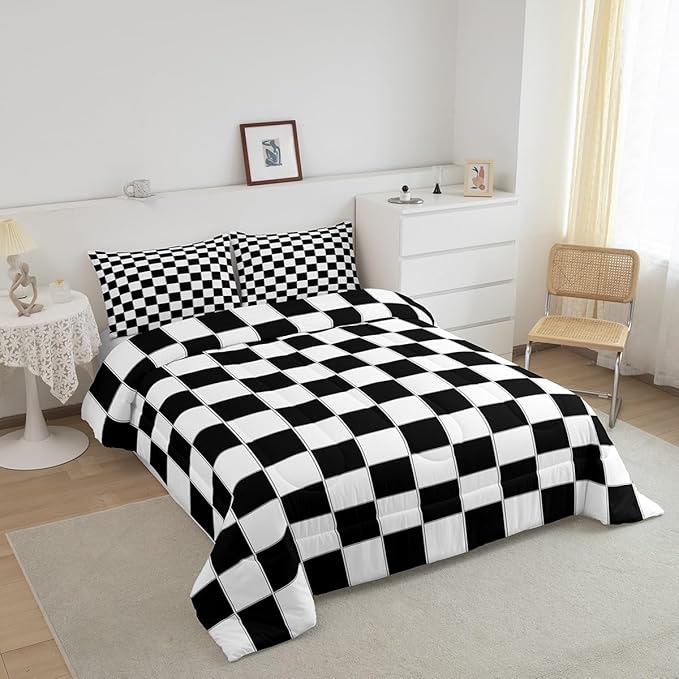 Erosebridal Boys Checkered Comforter Set Twin Black White Checkered Kids Bedding Set Teen Boy Geometric Grids Plaid Comforter Preppy Bedroom Decor,Gingham Quilt Duvet 2 Pcs