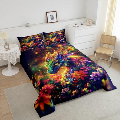 Feelyou Dragon Comforter Set Queen Size Shiny Dragon Comforter for Boys Girls Teens Wild Life Bedding Set Dragon Decor Duvet Set Room Decor Muticolor Quilt Set