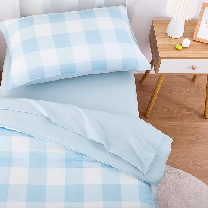 Wake In Cloud - Gingham Toddler Bedding Set for Girls Boys, Cute Plaid Buffalo Check, 4 Pieces Soft Crib Bed Set Including Comforter, Sheets and Pillowcase, Light Blue