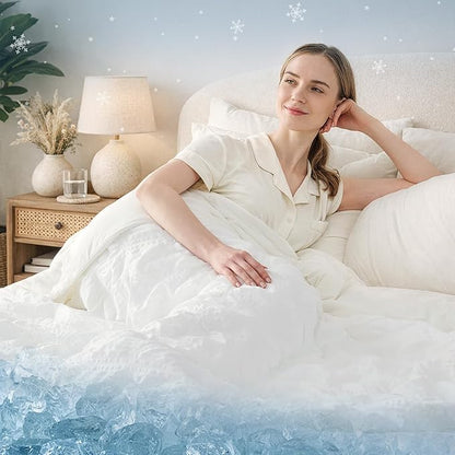 Cozy Bliss Cooling Comforter Seersucker Plaid Twin Size, Q-Max 0.45 Lightweight Cooling Blanket, Breathable Silk Smooth Summer Bedding Quilt for Hot Sleepers Night Sweats White