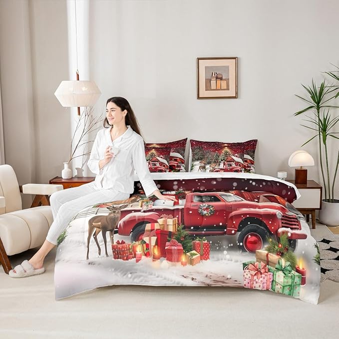Merry Christmas Comforter Set 7 PCS,Luxury Christmas Trees and Gifts Bed Set for Girls Kids,Red Barn Truck Bed in a Bag Bedding Set with Comforter,Sheet Set,Pillowcases,Pillow Covers,Queen