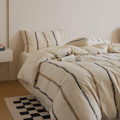 VM VOUGEMARKET Black Orange Striped Duvet Cover Set Yarn-Dyed Cotton Linen Like Textured Bedding Set Jacquard Stripes Duvet Cover with 2 Pillowcase-Queen,90"x90"