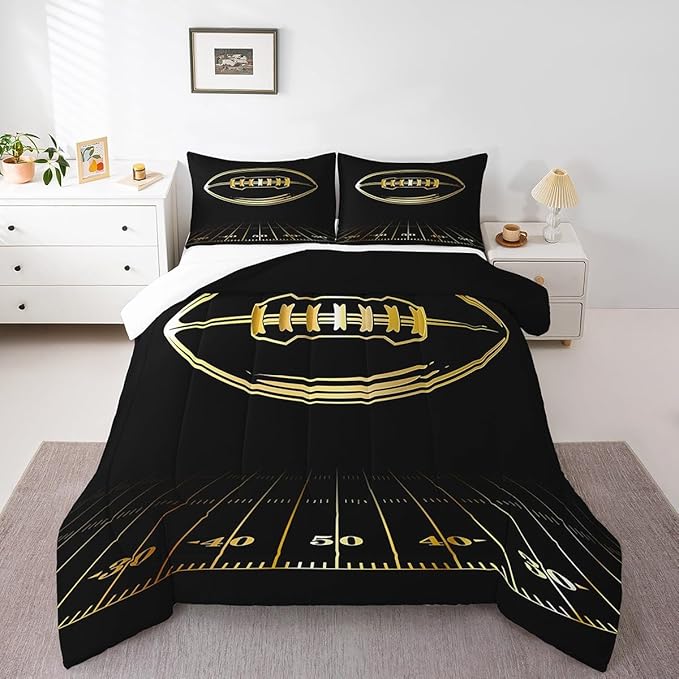 Feelyou Football Bedding Set Twin Kids Rugby Sports Comforter Set American Football Comforter Set for Boys Golden Black Room Decor Lightweight Quilt Set with 1 Pillow Case