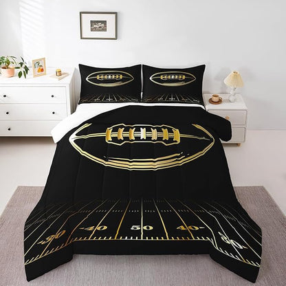 Feelyou Football Bedding Set Full Kids Rugby Sports Comforter Set American Football Comforter Set for Boys Golden Black Room Decor Lightweight Quilt Set with 2 Pillow Case