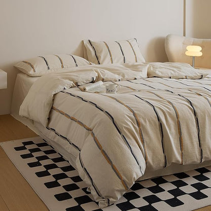 mixinni Cotton Linen Jacquard Duvet Cover Set Queen, 3-Piece Mid-Century Modern Bedding, Vintage Striped Bohemian Duvet Cover with 2 Pillowcases, All-Season Breathable Comforter Cover-Queen Size