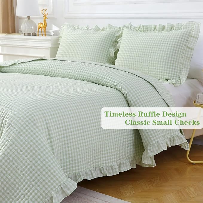 Pile Green White Ruffle Gingham Quilt Set Queen Size with Pillow Shams, 100% Washed Cotton Yarn-Dyed Quilted Bedspread Bedding Set (Pile Green, Queen)
