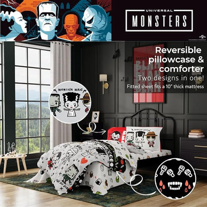 Universal Little Monsters Halloween 5 Piece Twin Bedding Set - Super Soft Cozy Reversible Comforter and Sheet Set with Sham, (Officially Licensed Product) by Franco