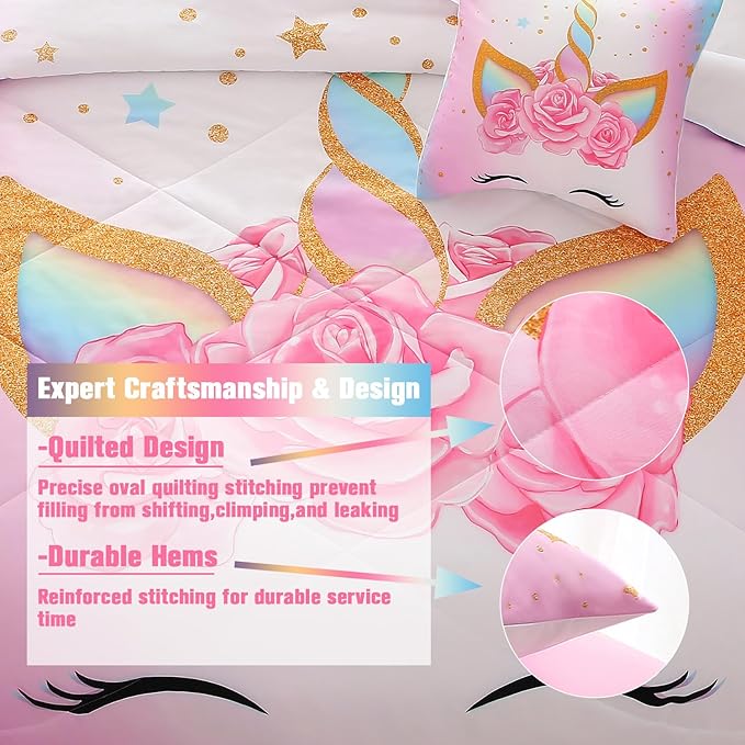 JQinHome Unicorn Queen Bedding Sets for Girls Kids,6 Piece Bed in A Bag 3D Colorful Flower Girl Unicorn Comforter Set(1 Comforter,2 Pillowcases,1 Flat Sheet,1 Fitted Sheet,1 Cushion Cover)