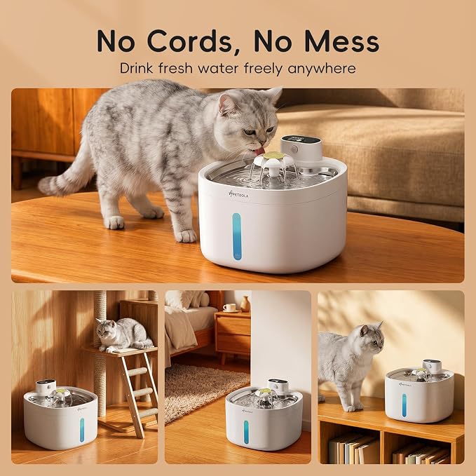 Wireless Cat Water Fountain 95fl-oz/2.8L Cat Fountain,Stainless Steel Tray,Rechargeable Pet Drinking Fountains for Cats and Dogs(Cat Fountain+3 Filters)