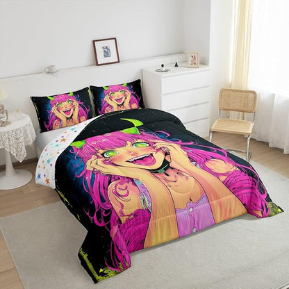 Erosebridal Anime Girl Comforter Set Toddler Size, Japanese Anime Bedding Set for Kids Boys Teens Bedroom Decor, Cartoon Girl Quilt Kawaii Japanese Animation Duvet Insert with 1 Pillow Case