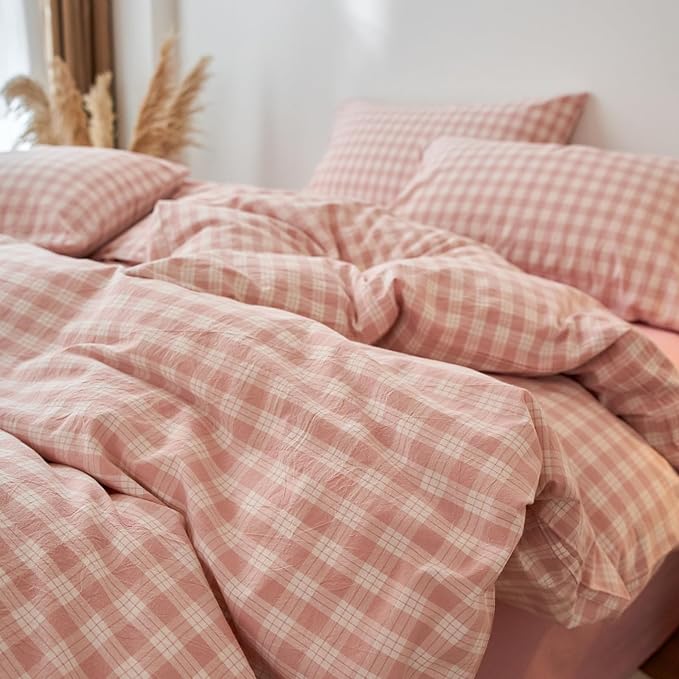 EAVD Vintage Style Gingham Plaid Duvet Cover Full Pink White Soft 100% Washed Cotton Chic Warm Checkered Bedding Set with 2 Pillowcases Farmhouse Grid Gingham Duvet Cover with Zipper Closure