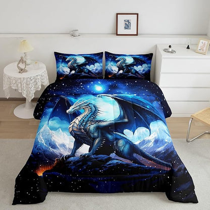Dragon Comforter Set Queen Size,Snow Mountain Starry Sky Galaxy Bedding Set for Kids Boy Men Teens Room Decor,Glitter Star Trippy Duvet Insert 3Pcs,Western Magical Animal Blue Quilt Set,2 Pillowcases