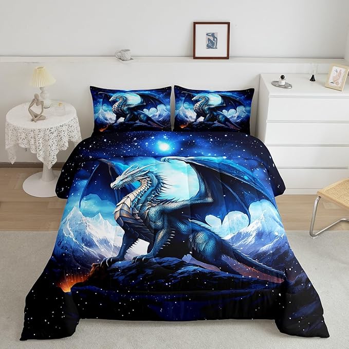 Dragon Comforter Set Twin Size,Snow Mountain Starry Sky Galaxy Bedding Set for Kids Boys Men Teens Room Decor,Glitter Star Trippy Quilt Set 2Pcs,Western Magical Animal Blue Duvet Insert,1 Pillowcase