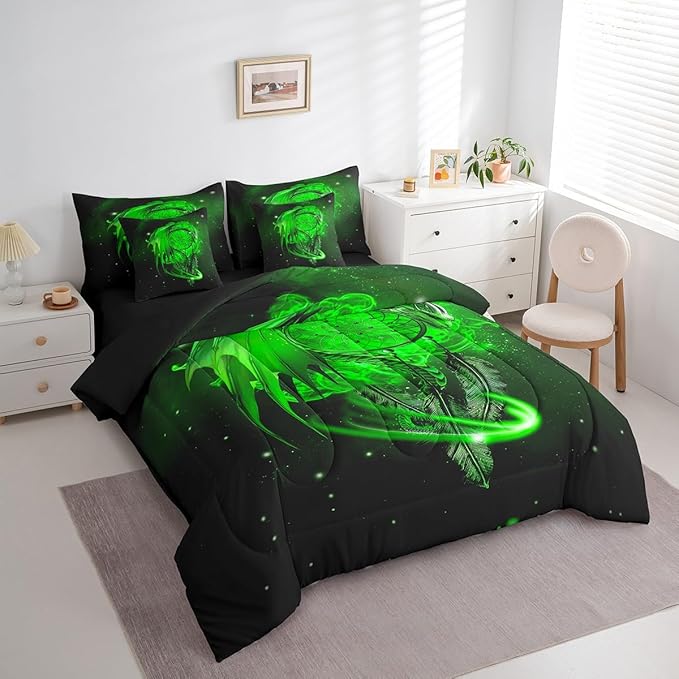 Erosebridal Gothic Dragon Dream Catchers Bed in a Bag Queen Comforter Set 7 Piece,Green Galaxy Bohemian Feather Bedding Sets Antique Animal Pterosaur Sheet Set with Comforter