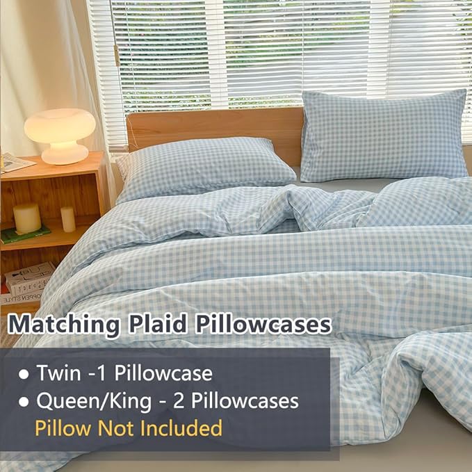 NSNLGSGC Twin Comforter Set, Light Blue Gingham Bedding Sets, Blue Grid Bed Comforter 2 Pieces (1 Comforter, 1 Pillowcase)