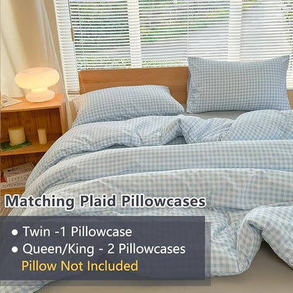 NSNLGSGC Queen Comforter Set, Light Blue Gingham Bedding Comforter Sets, Blue Grid Bed Comforter 3 Pieces (1 Comforter, 2 Pillowcases)