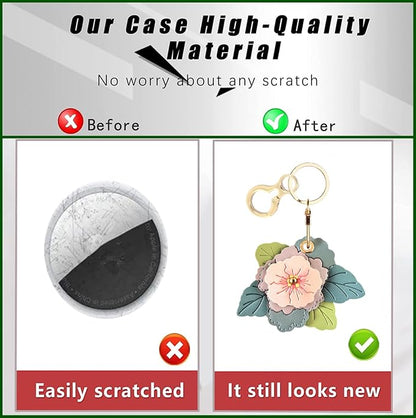 BORKUANA Leather Keychain Holder Case Compatible with AirTag,Cute Protective Cover with Keyring