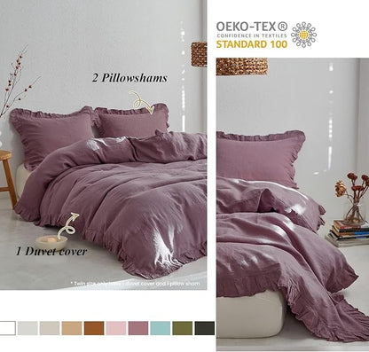 Simple&Opulence 100% Linen Duvet Cover Set, 3 PCS Natural French Flax Purple Ruffle Duvet Cover King Size, Breathable Comfy Linen Bedding Comforter Cover with 2 Pillowcases (Purple, 104" X 92")