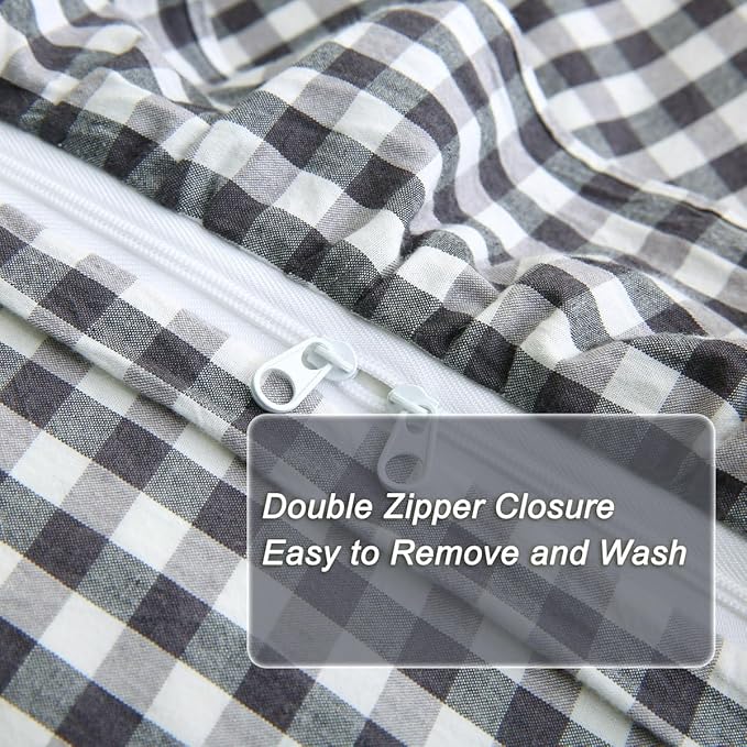 Black/White Checkered Ruffle 3-Piece Duvet Cover Set Queen Size,Washed Cotton Shabby Gingham Plaid Bedding Set Farmhouse Comforter Set(Queen,Black/White)