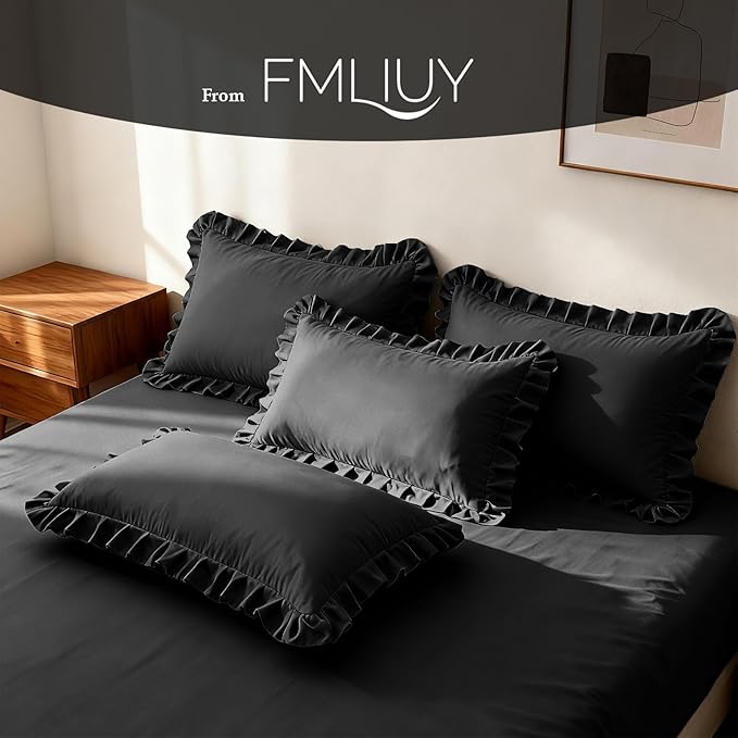 Ruffle Pillow Cases Standard Size Set of 2 –Soft Wrinkle Resistant Brushed Microfiber Ruffled Pillowcases –Envelope Pillow Shams Cover Festive Gift for Hotels,Guest Rooms 20x26 Inch (Black)