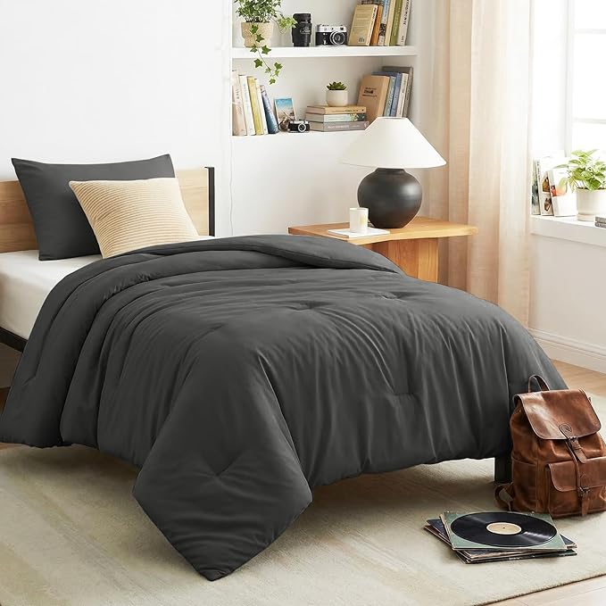 CozyLux Twin/Twin XL Comforter Set Dark Grey, 2 Pieces Twin Extra Long Solid Breathable Bedding Set for College Dorm, Dark Gray Luxury Soft Bed Set with Down Alternative Comforter and 1 Pillowcase