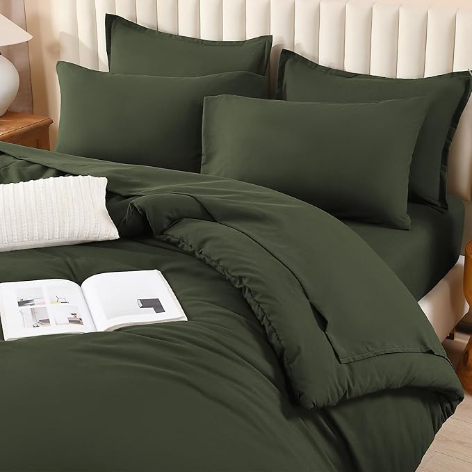 Litanika Oversized Queen Size Comforter Set Olive Green - 7 Pieces Bed in a Bag Oversized Beddding Sets, Solid Lightweight Bed Set with Comforter, Sheets, Pillowcases & Shams