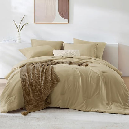 WRENSONGE Queen Comforter Set- 7 Pieces Soft Taupe Bed in a Bag Queen Size with Fitted Sheet, Flat Sheet, 2 Pillow Shams, and 2 Pillowcases- Khaki Bedding Sets for All Season