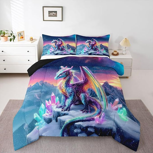 Feelyou Dragon Kids Comforter Set Full Size Dragon Stuff Bedding Set Wild Life Duvet Quilt for Kids Boys Girls Bedroom Magic Wildlife Decor Purple Bluish Microfiber Ultra Soft Breathable