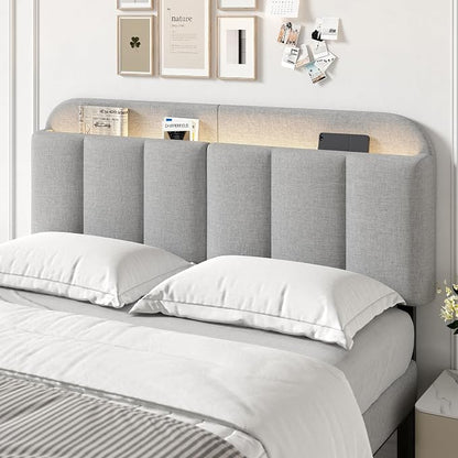 Queen Size Adjustable Headboard, Upholstered Headboard with Storage, APP Controlled LED Light, Padded Head Board Only, Sturdy Metal Foot Frame, Vertical Channel Design for Bedroom, Grey