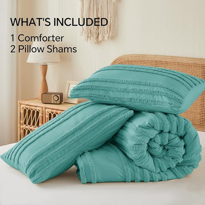 BEDELITE Boho King Size Comforter Set - Aqua Tufted Striped Bed Set 3 Pieces, Soft Vintage Farmhouse Comforter for All Seasons, Boho Home Decor,Fluffy Jacquard Bedding with Pillow Sham
