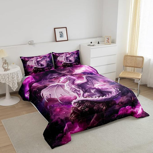 Dragon Kids Comforter Set Queen Size,Western Magical Dragon Bedding Set for Boys Teens Adults Room Decor,Animal Galaxy Nebula Duvet Insert 3Pcs,Glitter Starry Sky Wildlife Quilt Set,2 Pillowcases
