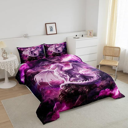 Dragon Kids Bedding Set Full Size,Western Magical Dragon Comforter Set for Boys Teens Adults Room Decor,Animal Galaxy Nebula Duvet Insert 3Pcs,Glitter Starry Sky Wildlife Quilt Set,2 Pillowcases