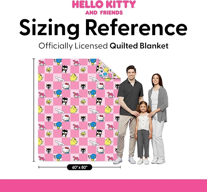 Northwest Hello Kitty & Friends Reversible Quilted Throw, Kawaii Checkered Pattern, Comfy Throw, for Anime Fans, Game Room, Chair or Couch, 60 x 80 Inches