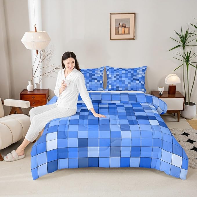 Pixel Grid Miners Comforter Set King Size,Video Games Plaid Lattice Kids Bedding Set,Geometric Check Quilt Comforter,Light Blue Duvet Insert,2 Pillowcases