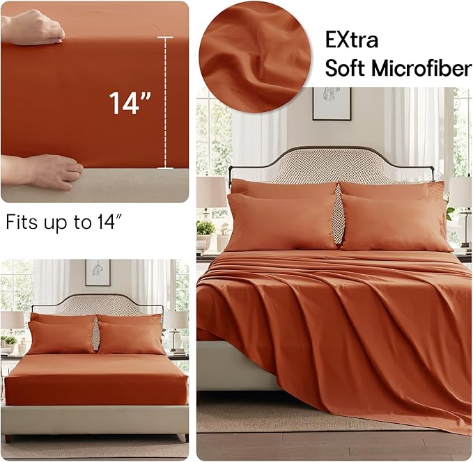 Anluoer Burnt Orange Queen Comforter Set 7 Pieces, Bed in a Bag with Sheets, All Season Bedding Sets with 1 Comforter, 2 Pillow Shams, 2 Pillowcases, 1 Flat Sheet, 1 Fitted Sheet