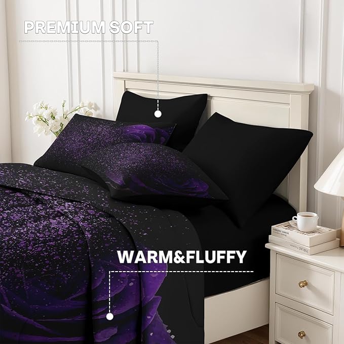 Nesker Comforter Set Full Size, Purple Rose 7 Pcs Bedding for Kids and Adults, Fantasy Dream Flower Bed Sheet Sets with Fitted Sheet 2 Pillowcases & 2 Shams