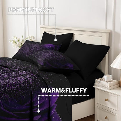 Nesker Comforter Set Full Size, Purple Rose 7 Pcs Bedding for Kids and Adults, Fantasy Dream Flower Bed Sheet Sets with Fitted Sheet 2 Pillowcases & 2 Shams