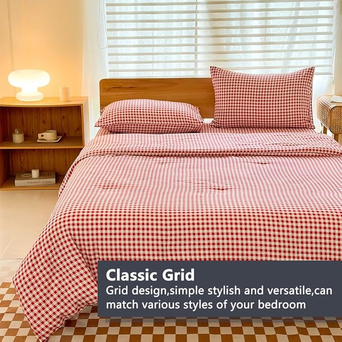 NSNLGSGC Twin Comforter Set, Red Gingham Bedding Comforter Sets, Red Grid Bed Comforter 2 Pieces (1 Comforter, 1 Pillowcase)