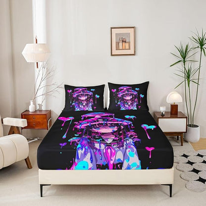Erosebridal Mushroom Girl Fitted Sheet Queen 3D Japanese Girly Bed Sheets for Boys Girls Watercolor Graffiti Bed Set Cute Anime Gifts Sheets with 2 Pillowcases